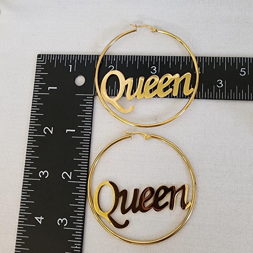 Gold Stainless Steel Queen Hoop Earrings - Picture 6 of 6